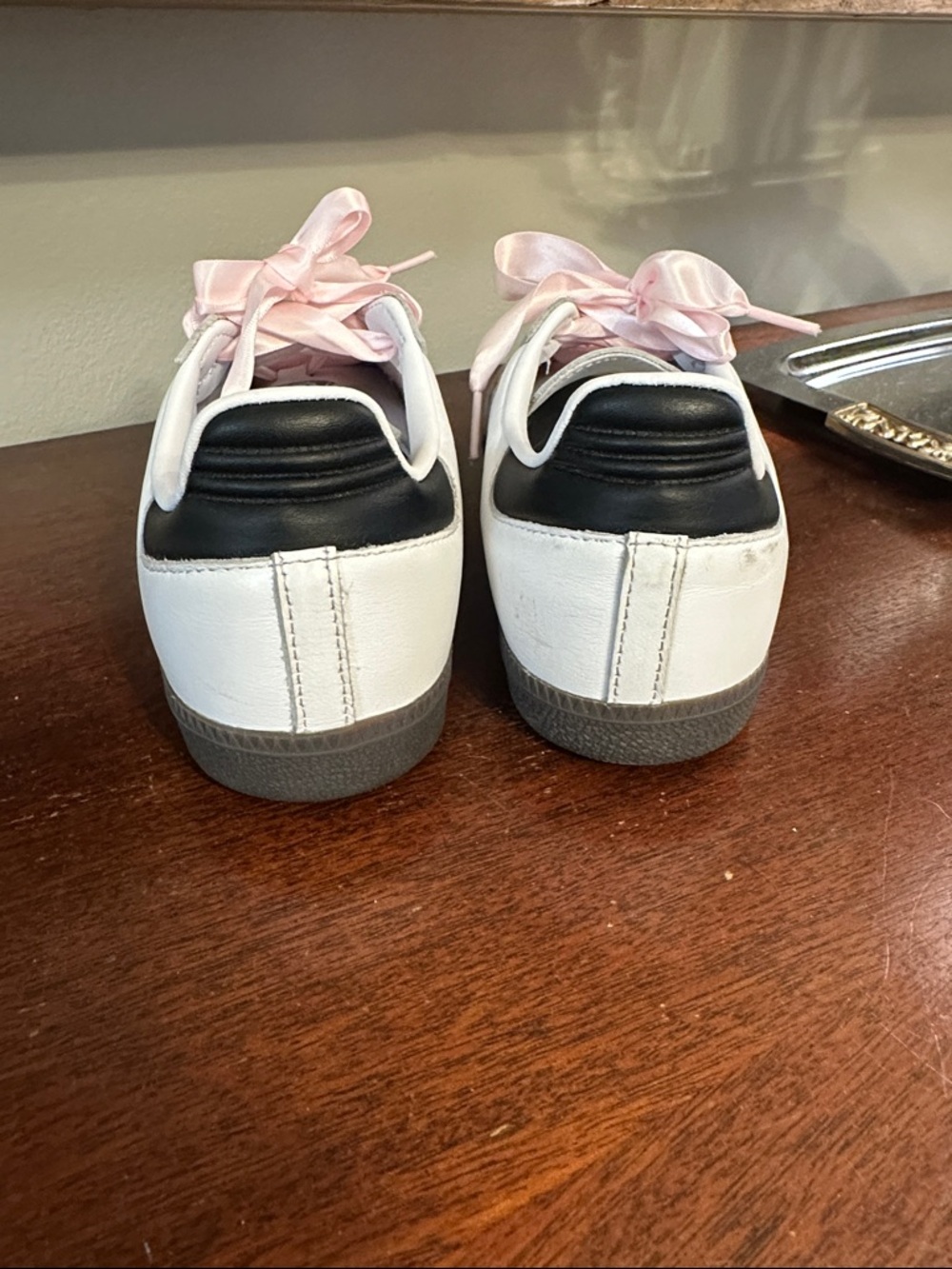 adidas White & Black Samba Sneakers with Pink Ribbon Laces - Picture 4 of 5